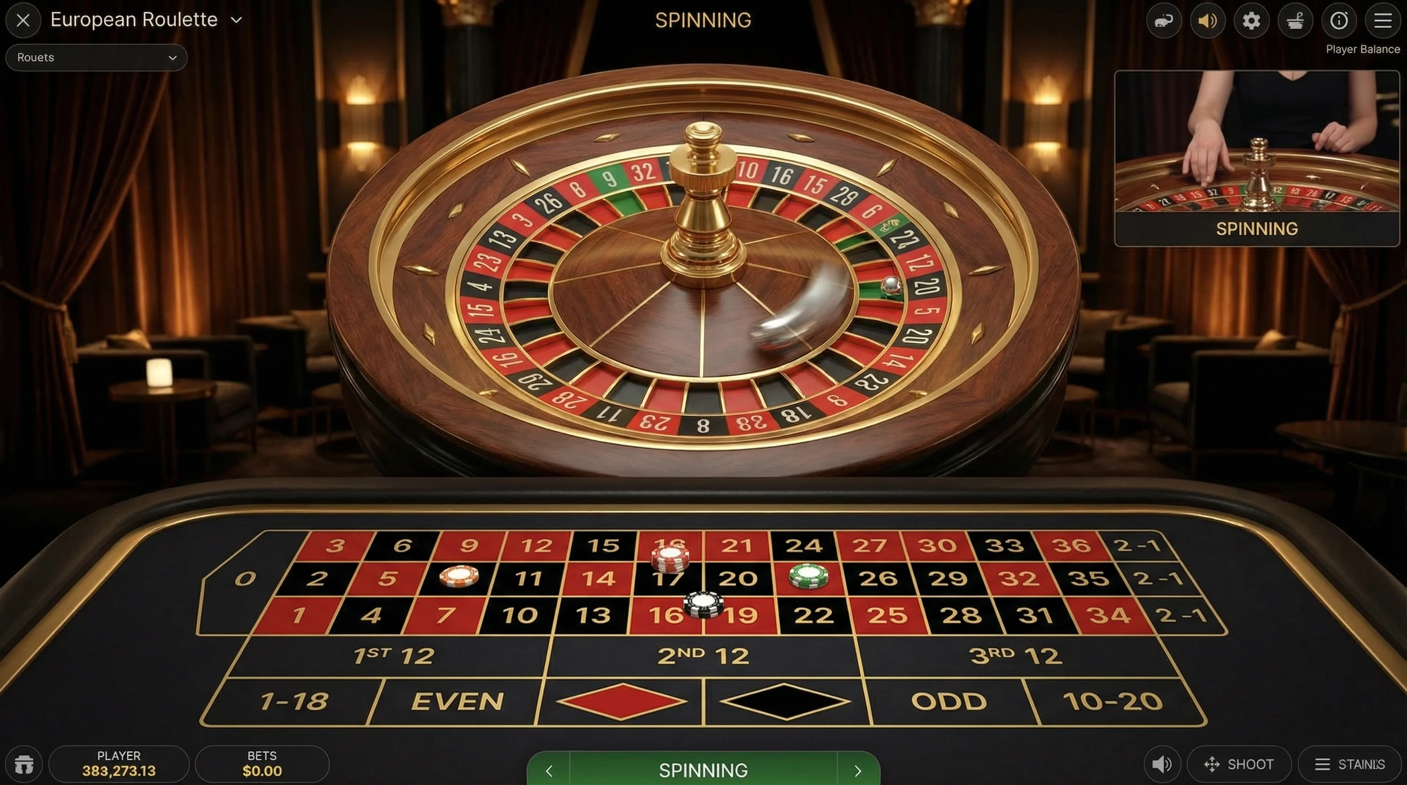 欧式轮盘赌游戏界面，转盘正在旋转