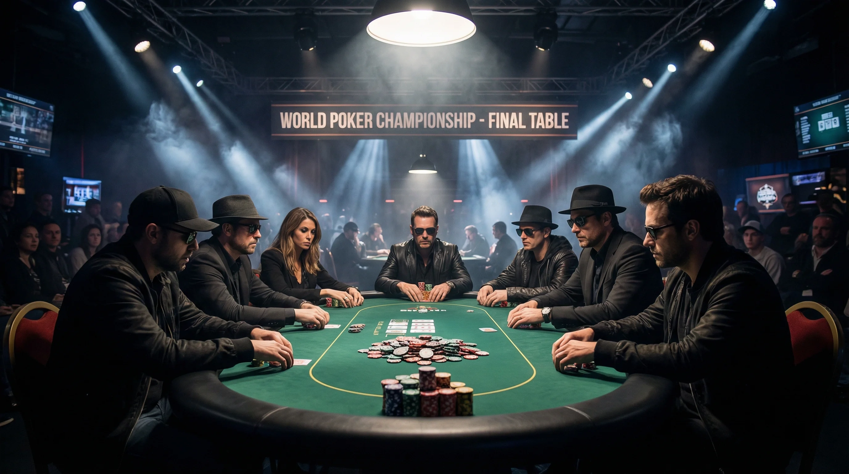 德州扑克锦标赛现场，选手在聚光灯下激烈对决